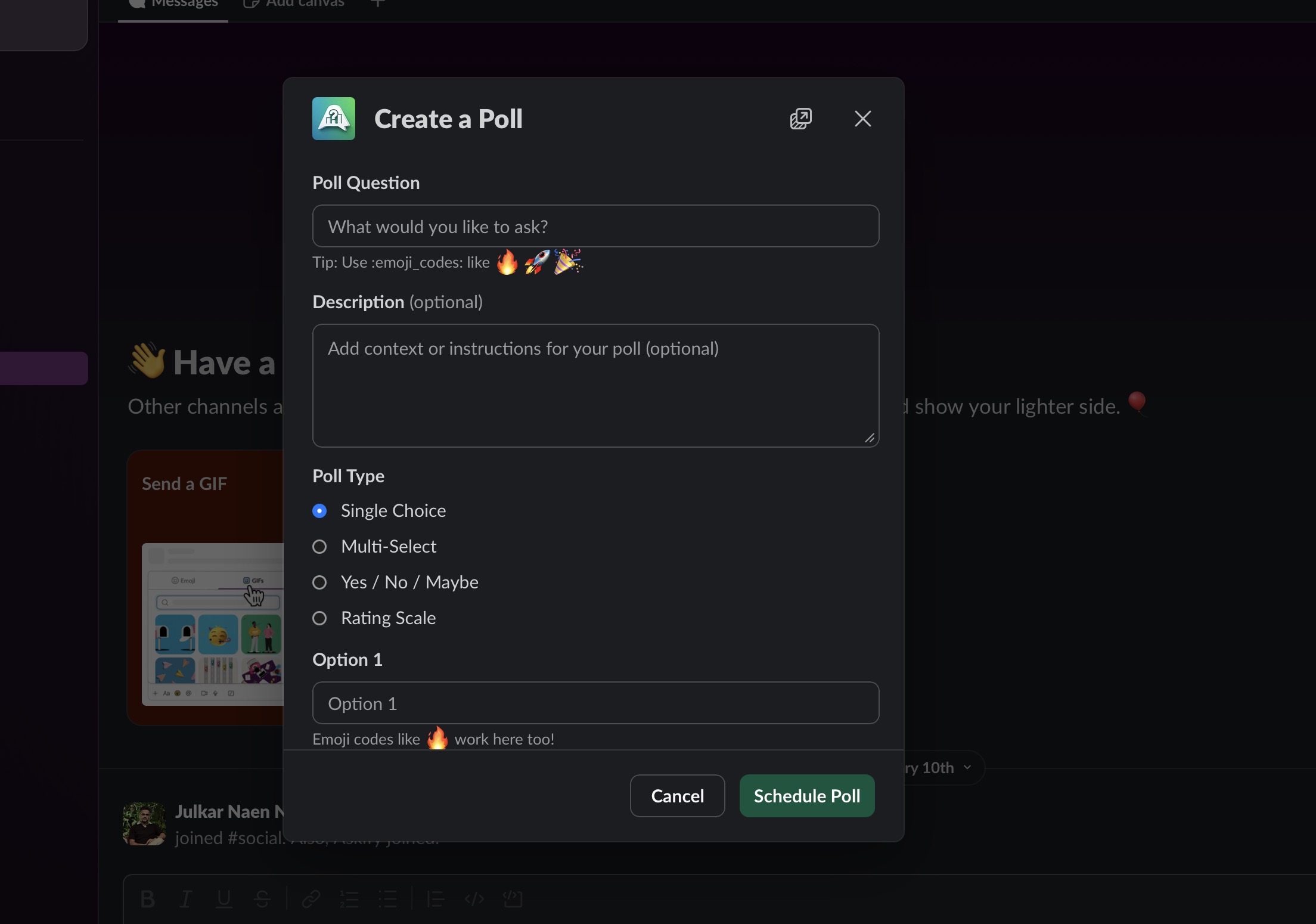 Askify poll creation modal showing question input, poll type selection, and settings
