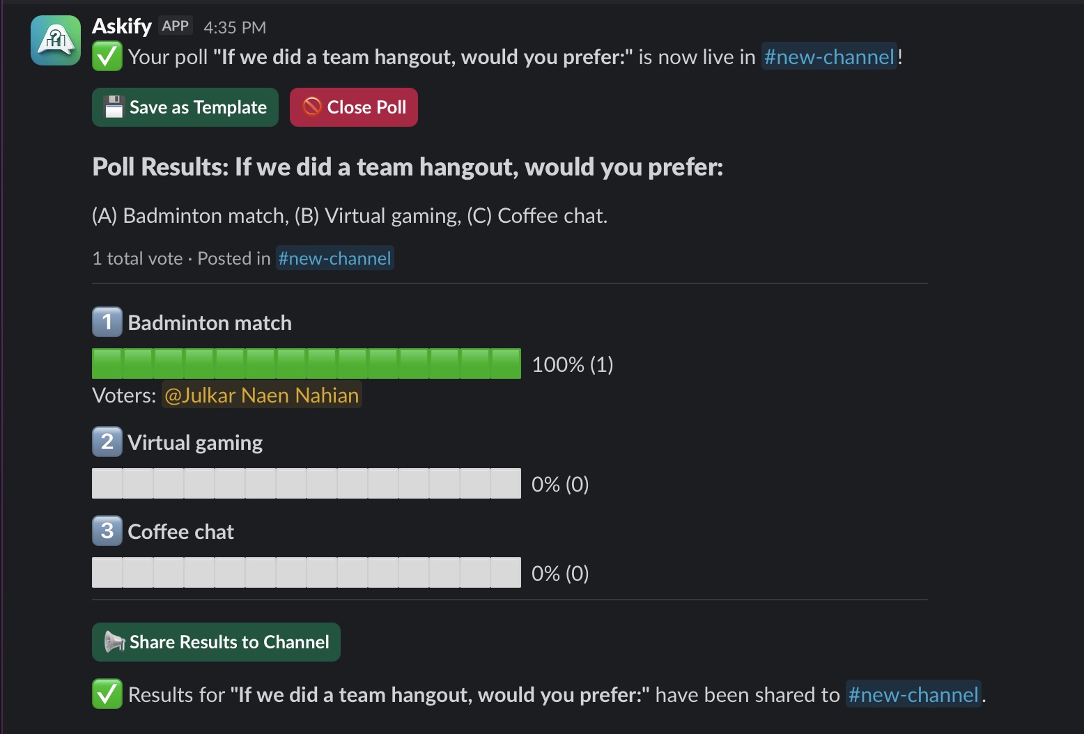 Poll results DM showing bar charts, percentages, and share results button